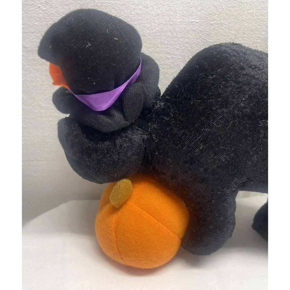 Vintage Halloween Plush Black Cat Hat Pumpkin Arched Back Decoration Fall Autumn